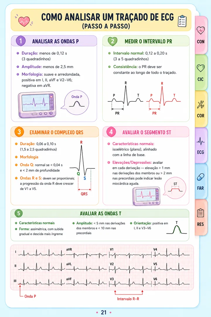Página do resumo de ECG — como analisar o traçado